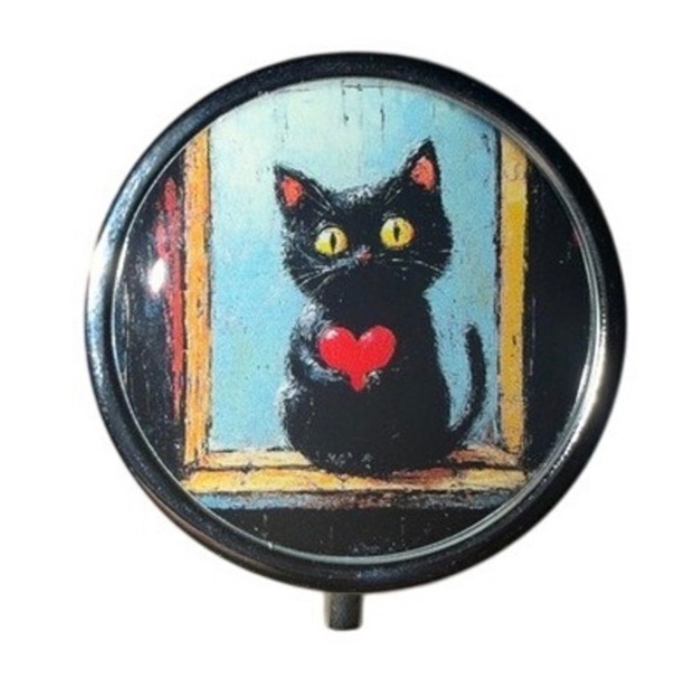 Black Cat Holding Heart Pill Box Jewelry Case New